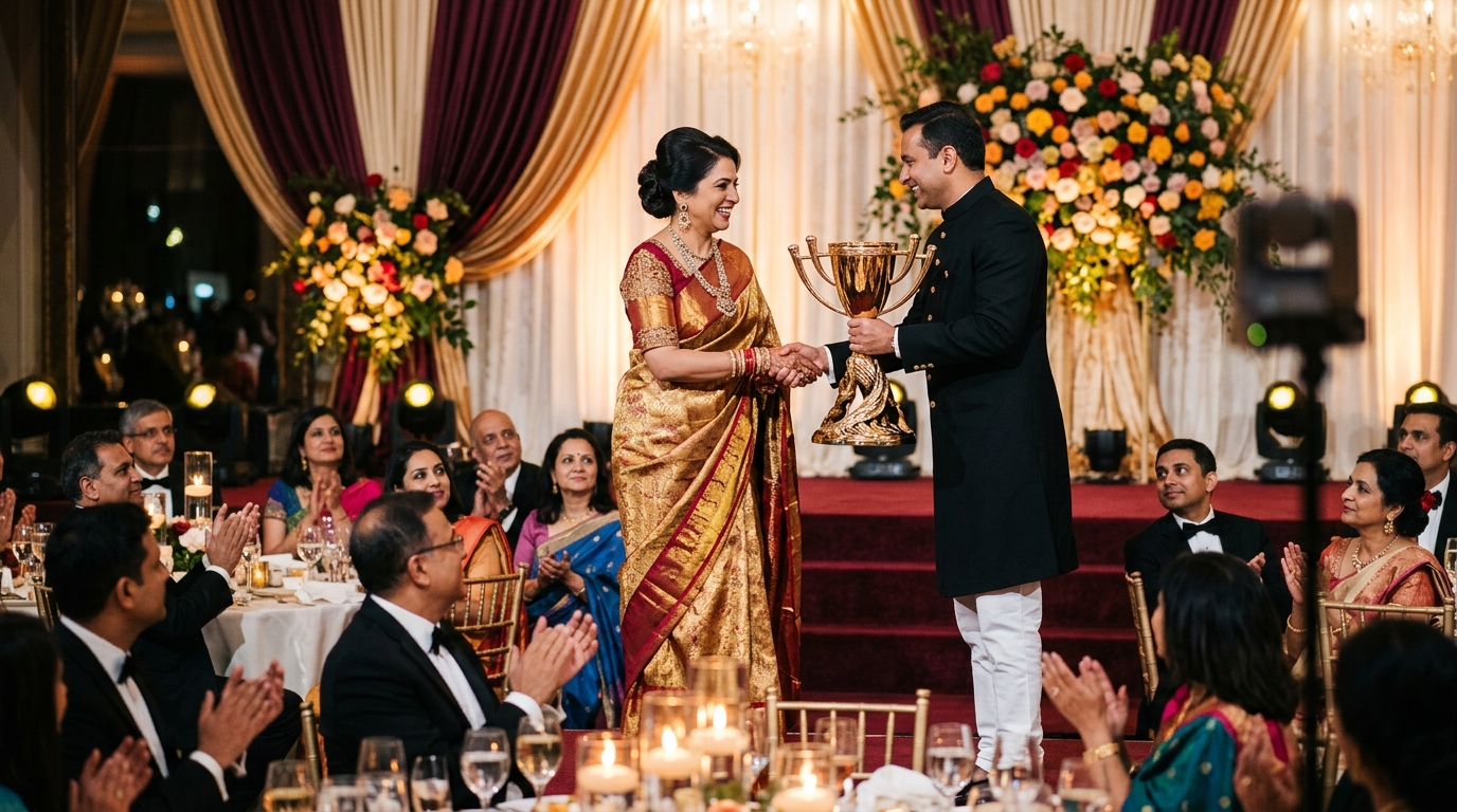Distinguished Celebrity Guest conferring Indian Iconic Excellence Award on grand stage with Dr. Neha Gupta