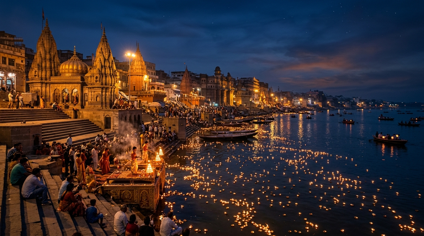 Varanasi Ganga Ghats at night with illuminated temples and floating diyas for Sham-e-Banaras