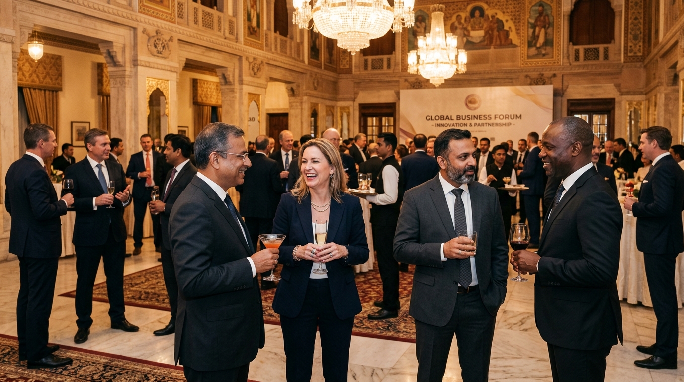 Entrepreneurs and executives networking in luxury palace ballroom